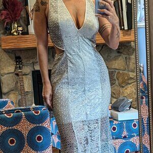 Silver multi lace cutout gown